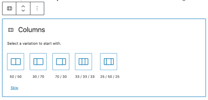 inserting a column block in the WordPress editor